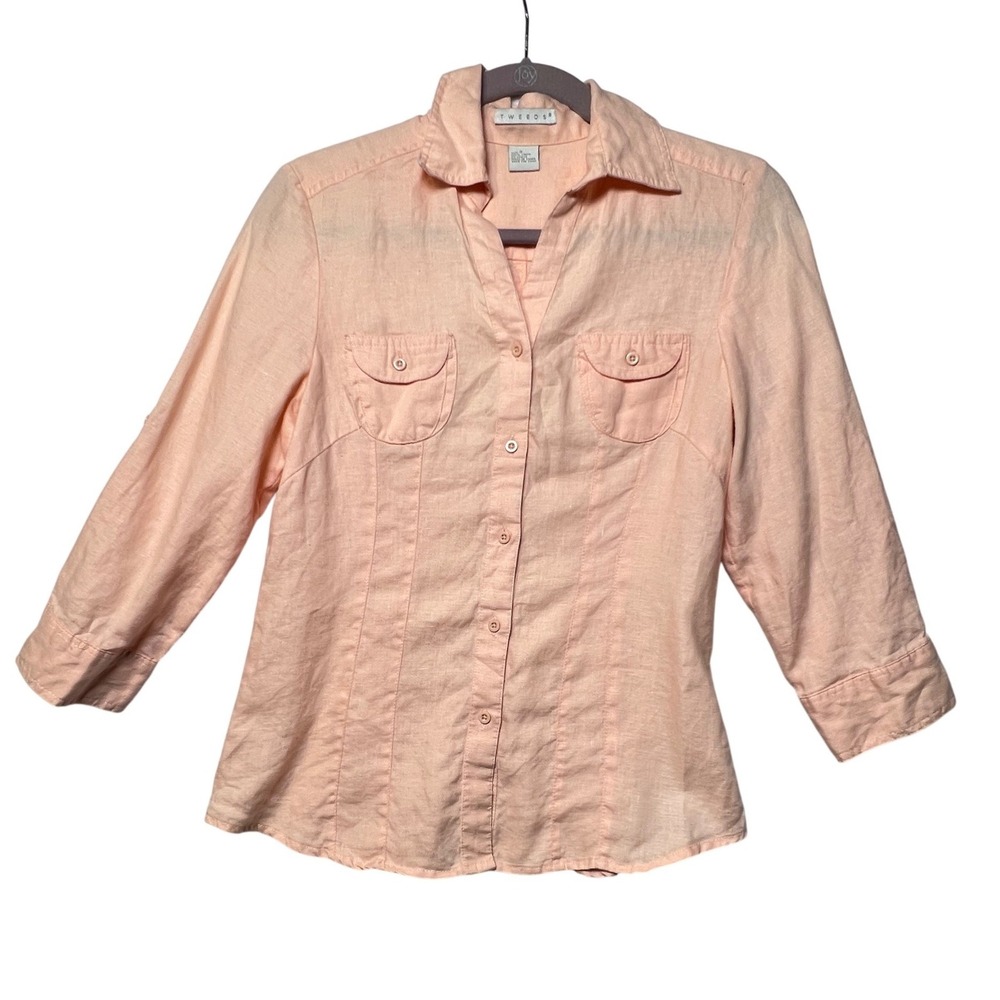 Tweeds Womens Button Up Shirt 100% Linen Small Peach Roll Tab Sleeve Blouse